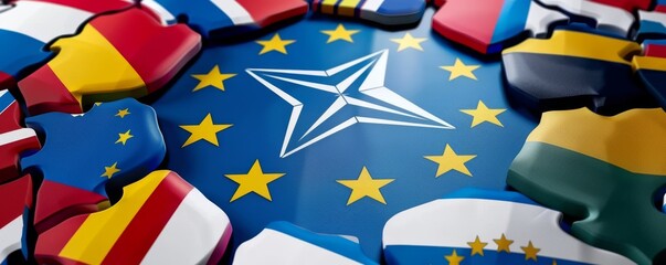 Colorful 3D rendering of NATO shield surrounded by European flags