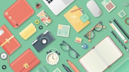 Assorted vintage objects and office supplies flat lay. Illustration with copy space.