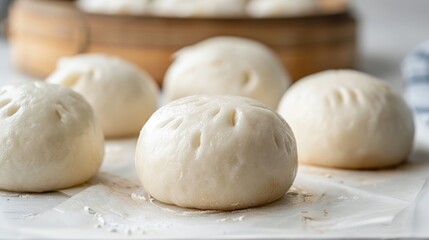 Fresh steamed buns on a marble countertop. Food photography suitable for design