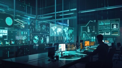 Cybersecurity Professional Monitoring Network Activity in High-Tech Control Room