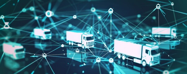 Smart fleet management system visualized with connected trucks on digital network - obrazy, fototapety, plakaty