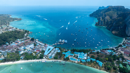 Aerial view boats on Phi Phi island Thailand, Tropical island with resorts,  Phi Phi island, Krabi...