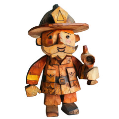 A toy fireman made of wood, transparent or isolated on a white background