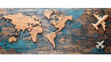 A wooden map of the world with a small airplane on it