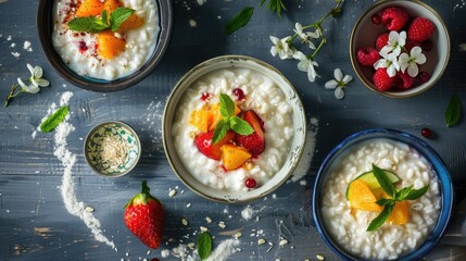 Three bowls of rice pudding with fruit toppings and mint.