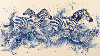 Three zebras running in the ocean - obrazy, fototapety, plakaty