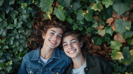 Smiling Young Sisters Lying in Green Ivy