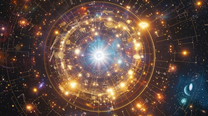 Complex cosmic astrology chart with zodiac symbols and glowing celestial bodies.