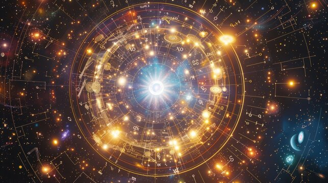 Complex cosmic astrology chart with zodiac symbols and glowing celestial bodies.