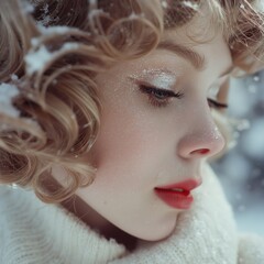 Close-up portrait of a beautiful young woman with curly blonde hair and frosty makeup on her face.