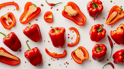 Red sweet peppers sliced in stages, showing vibrant colors against white.