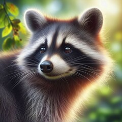 A close-up view of a beautiful raccoon looking away with a blurred nature background - Raccoon portrait illustration - Wildlife concept