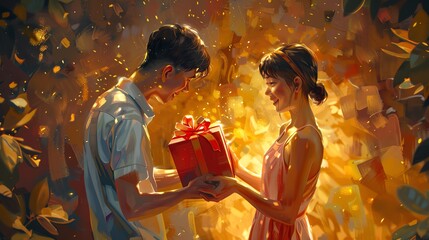 Depict the joy of receiving a surprise gift from a loved one on a special occasion