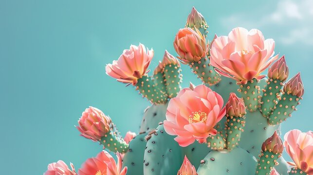 Paint a portrait of a flowering cactus with vibrant pink blooms against a backdrop of blue sky