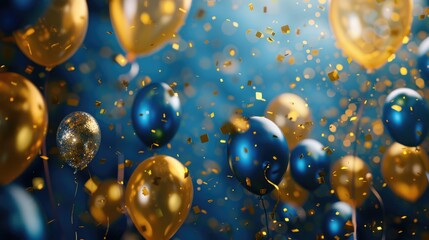 Gold and blue balloons with glitter and confetti on a blue background.