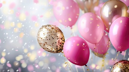 Pink and gold balloons with confetti on a white background.