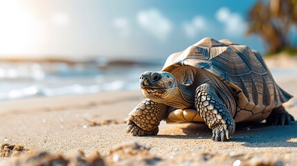 Giant tortoise lumbering across a sandy beach