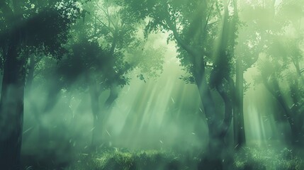 Illustrate the enchantment of a forest shrouded in mist, with ghostly shapes emerging from the haze