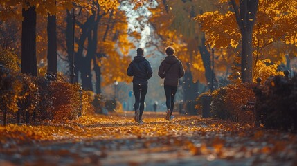 Two people jogging in an autumn park with fallen leaves. Global Running Day