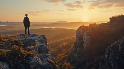 Fototapeta premium Solitary Traveler Enjoying Sunset on Mountain Peak
