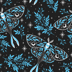 Seamless magic blue vector pattern. Moon moth, herbs, stars. Bohemian fabric design. Contemporary composition.