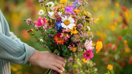 Person holding a bouquet of mixed flowers. Close-up floral arrangement concept for design and print