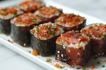 White Plate Topped With Sushi Covered in Sauce