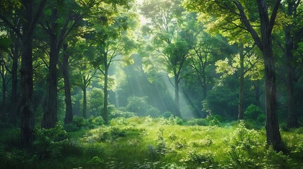 Paint a peaceful forest glade with sunlight filtering through the canopy of trees