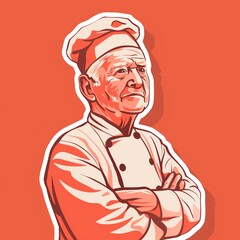 An elderly male chef illustration style sticker with white outline on a solid red background
