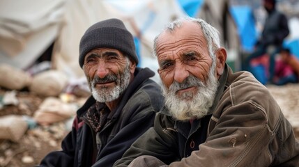 Fototapeta premium Elderly Gentlemen Friends in Refugee Camp Setting. World Refugee Day