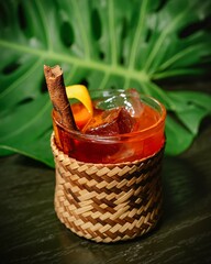 assortment of fresh iced fruit drinks on wooden background