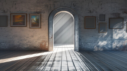 Roman arch gallery with a taupe floor and afternoon sun creating a tranquil art space.