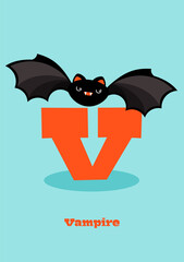 Typographical Vector Illustration Kawaii-ABC, cute characters, cheerful detailed graphic for nursery decoration, poster, invitations, greeting cards, bright colors, bat, vampire, V