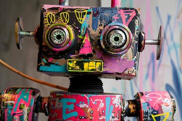 A whimsical robot made of pop art elements and textures