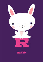 Rabbit – Typographical Vector Illustration Kawaii-ABC, cute characters, cheerful detailed graphic for nursery decoration, poster, invitations, greeting cards, bright colors, R