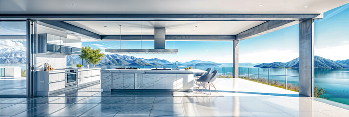 Luxury Waterfront Kitchen. A modern kitchen with floor-to-ceiling windows opens to a spacious patio, offering breathtaking panoramic views of a serene lake and mountains.
