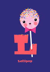 Lollipop – Typographical Vector Illustration Kawaii-ABC, cute characters, cheerful detailed graphic for nursery decoration, poster, invitations, greeting cards, bright colors, letter L