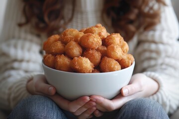 Woman Holding a Bowl of Tater Tots