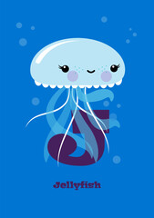 Jellyfish &ndash; Typographical Vector Illustration Kawaii-ABC, cute characters, cheerful detailed graphic for nursery decoration, poster, invitations, greeting cards, bright colors, animal, letter J