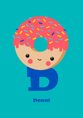Donut &ndash; Typographical Vector Illustration Kawaii-ABC, cute characters, cheerful detailed graphic for nursery decoration, poster, invitations, greeting cards, bright colors, sweet, letter D