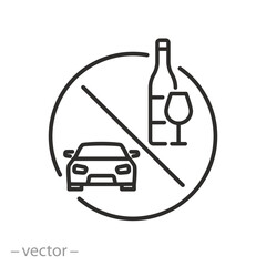 prohibition drink and drive icon, don't drunk driving, wine bottle with car wheel, thin line web symbol on white background - editable stroke vector illustration eps10