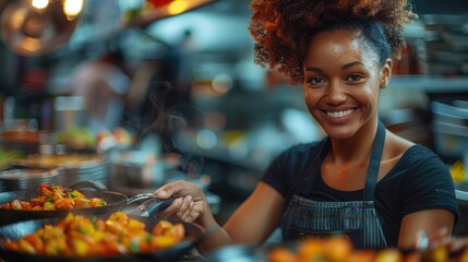 Happy African female chef cooking in a commercial kitchen.