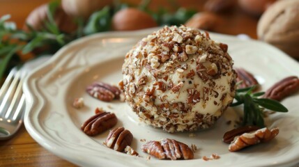 Cheese ball coated with crushed pecans served on wooden board.
