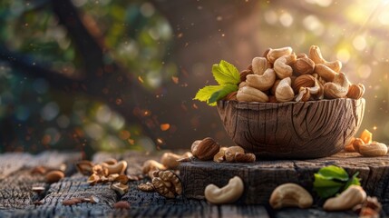 Variety of mixed nuts in small bowls on a dark wooden table.