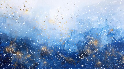 Abstract blue watercolor background with gold splatter.