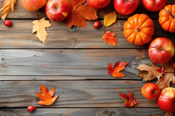 Autumn Harvest and Foliage on Wooden Background