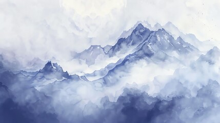 Fototapeta na wymiar Bring to life the misty atmosphere of clouds drifting through mountain peaksWater color, hand drawing