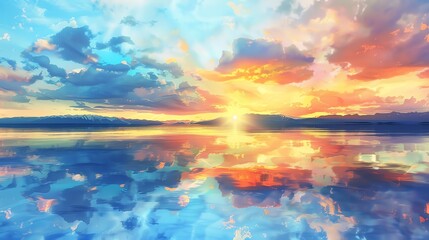 Illustrate the tranquility of a sunset over a tranquil lake, with colorful clouds mirrored in the waterWater color,  hand drawing