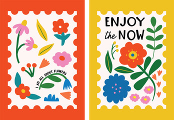 Abstract colorful Floral posters in postage stamp style template with positive saying. Perfect for T-shirt graphic design, wall art, postcards etc. 