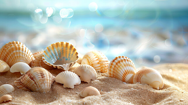 Seashells scattered on the sand, banner